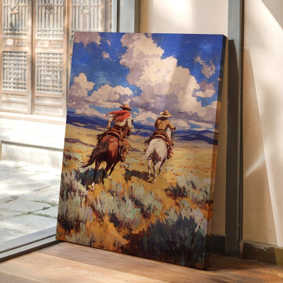 Cowboys Riding Through Open Plains Under Western Skies Rustic Vintage Oil Painting Canvas Art For Or Ranchinspired Decor