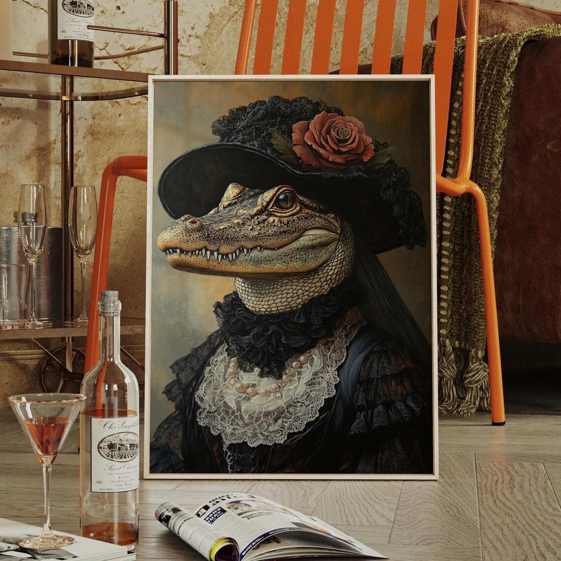 Victorian Alligator Lady Portrait In Lace Rose Hat Gothic Poster