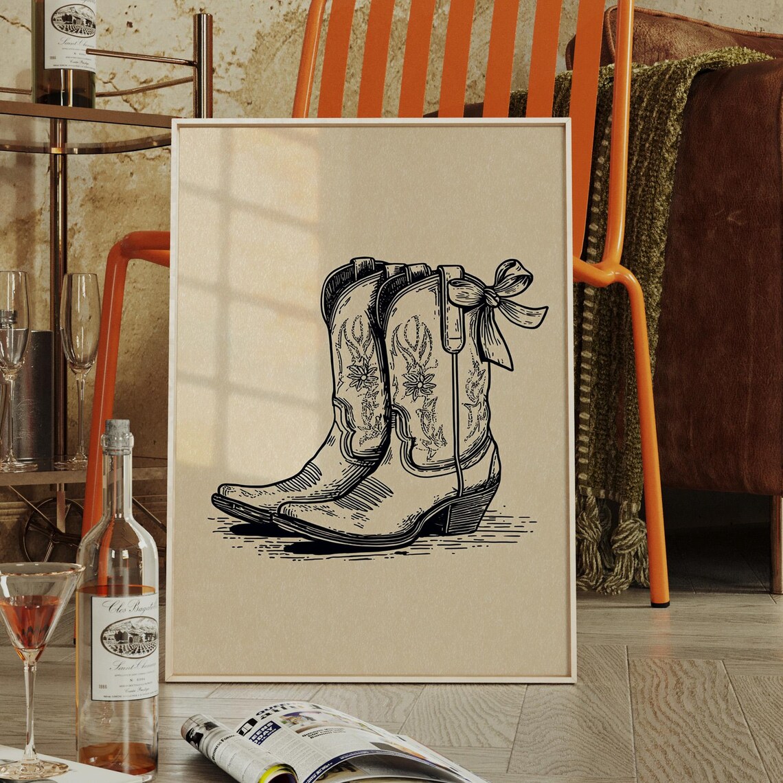 Cowgirl Boots Line Drawing Western Floral Stitch Vintage Rodeo Poster