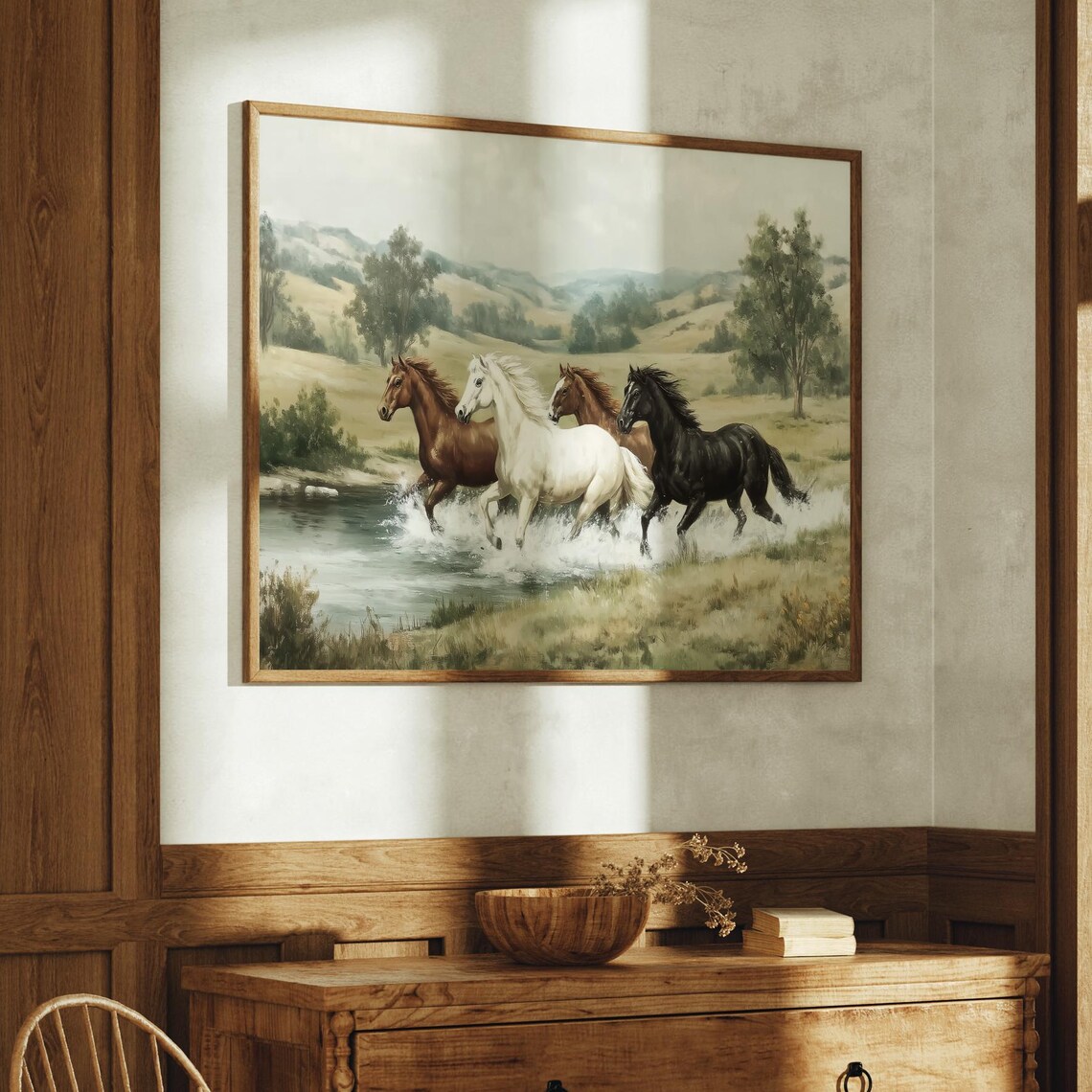 Wild Horses Running Free Across Meadow Stream Art Print