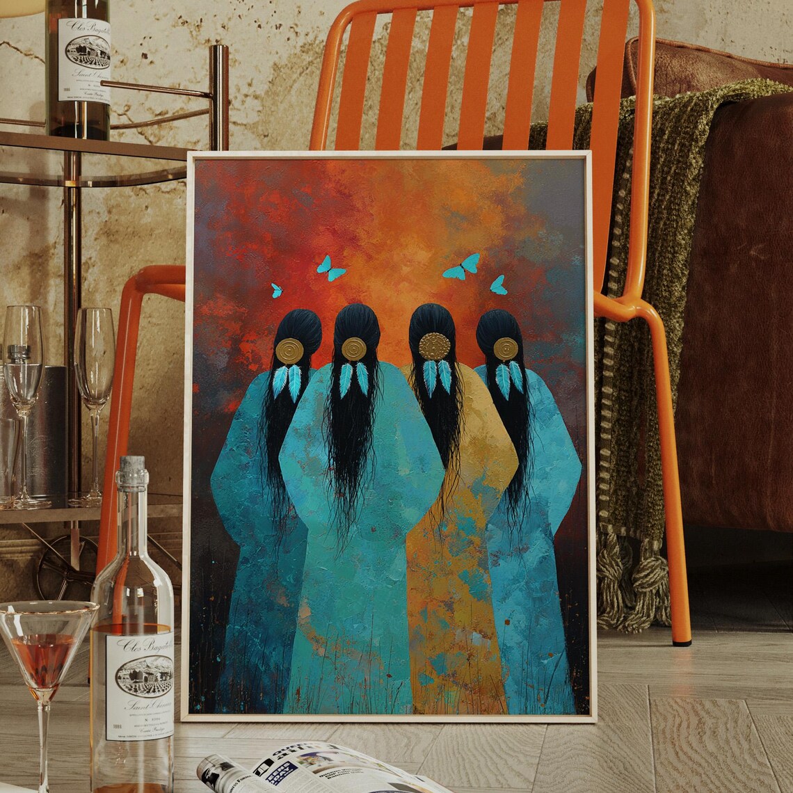 Four Women In Blue And Gold Tribal Sisterhood Butterfly Art Poster