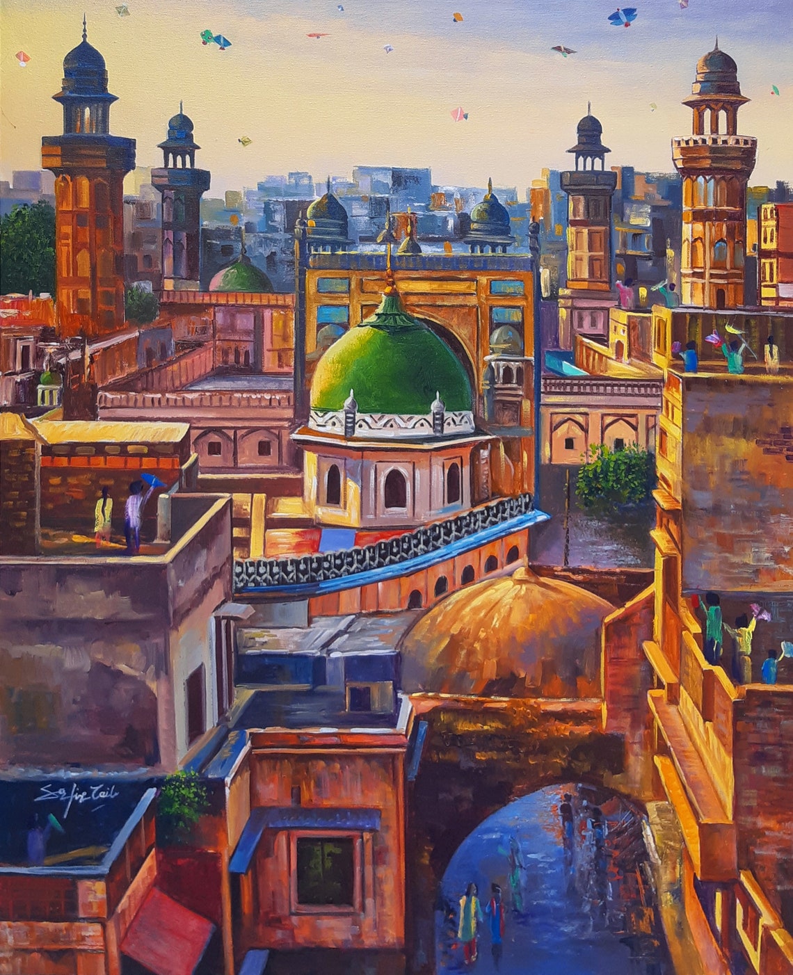 Historic Walled City Rooftops Oil Painting Golden Hour Domes Poster - Image 3