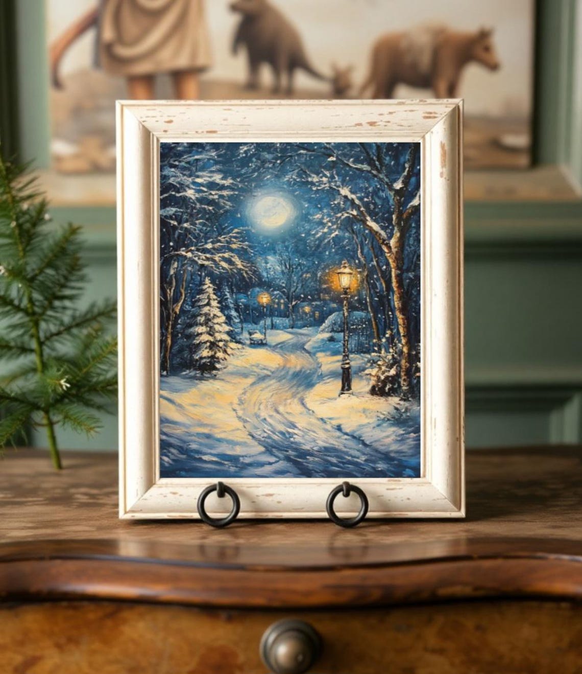 Snowy Moonlit Park Lamppost Path Winter Night Painting Poster - Image 2