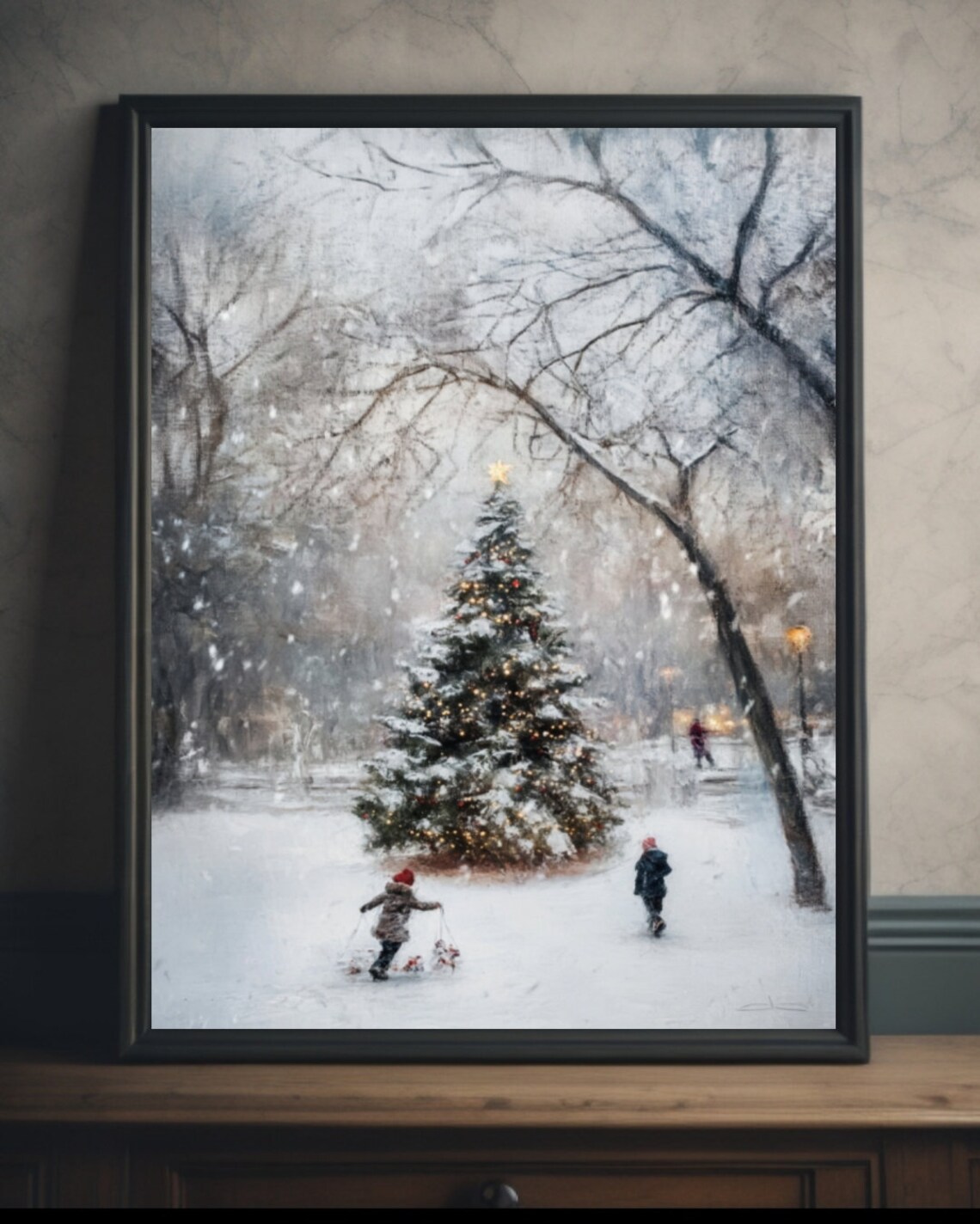 Snowy Park Christmas Tree Children Sledding at Dusk Vintage Poster