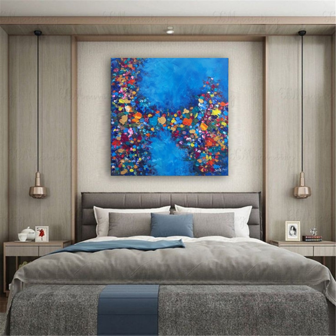 Abstract Colorful Heart Impasto Oil Painting on Blue Love Art Poster - Image 3