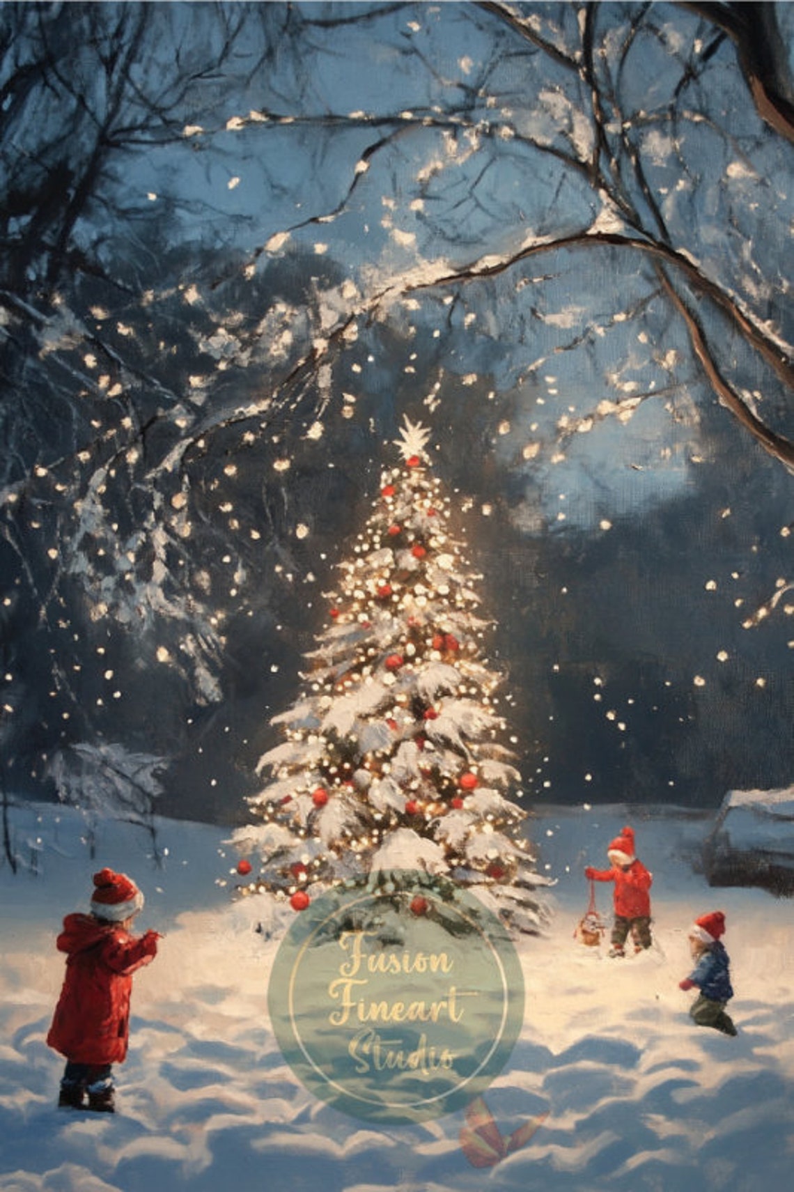 Children Playing Around Snowy Outdoor Christmas Tree Twinkling Poster - Image 3