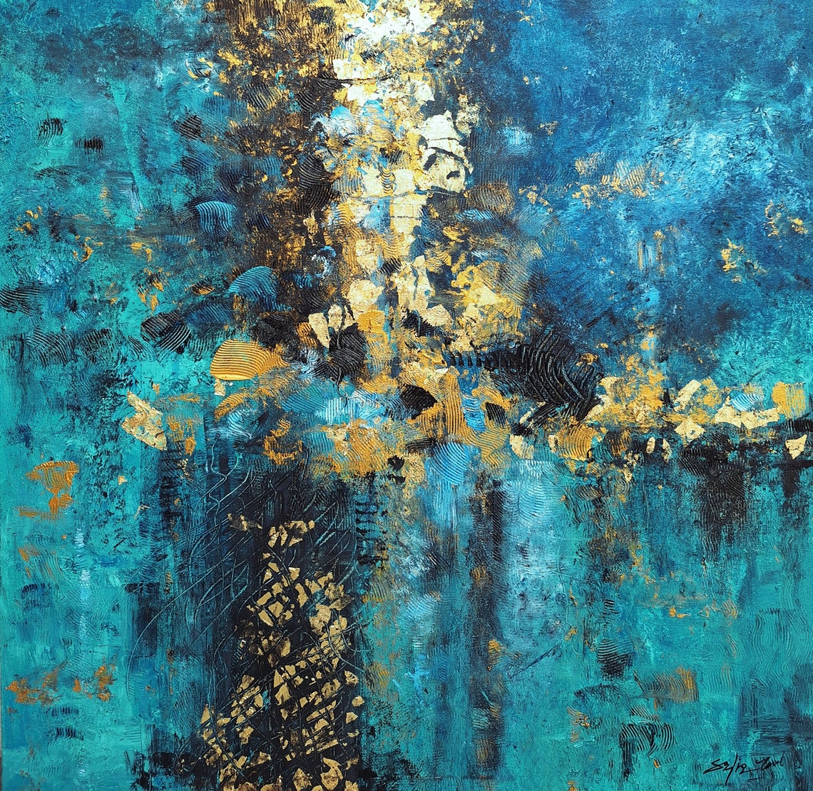 Turquoise Gold Abstract Textured Painting Deep Ocean Luxe Poster - Image 3