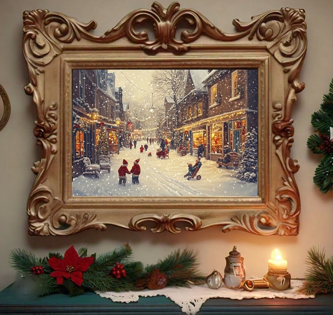 Winter Christmas Village Moody Art Print
