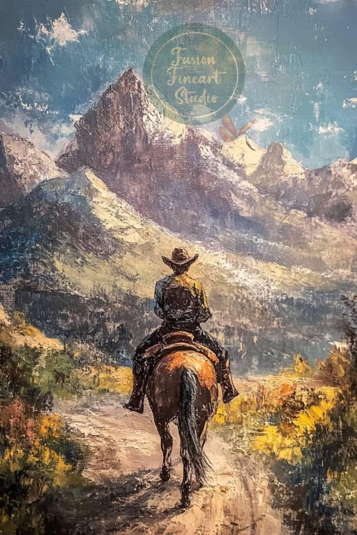 Cowboy Riding Sunlit Mountain Peak Autumn Trail Adventure Poster - Image 3