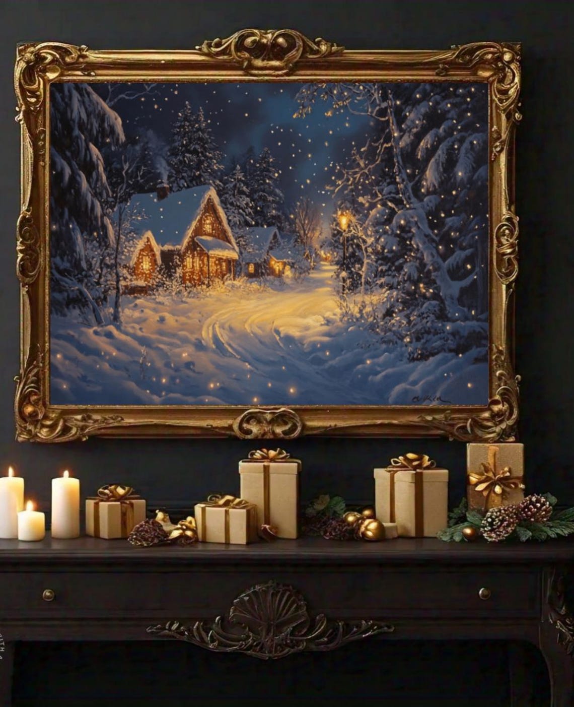 Glowing Snowy Cabin Night Deep Winter Woods Light Trail Poster - Image 2