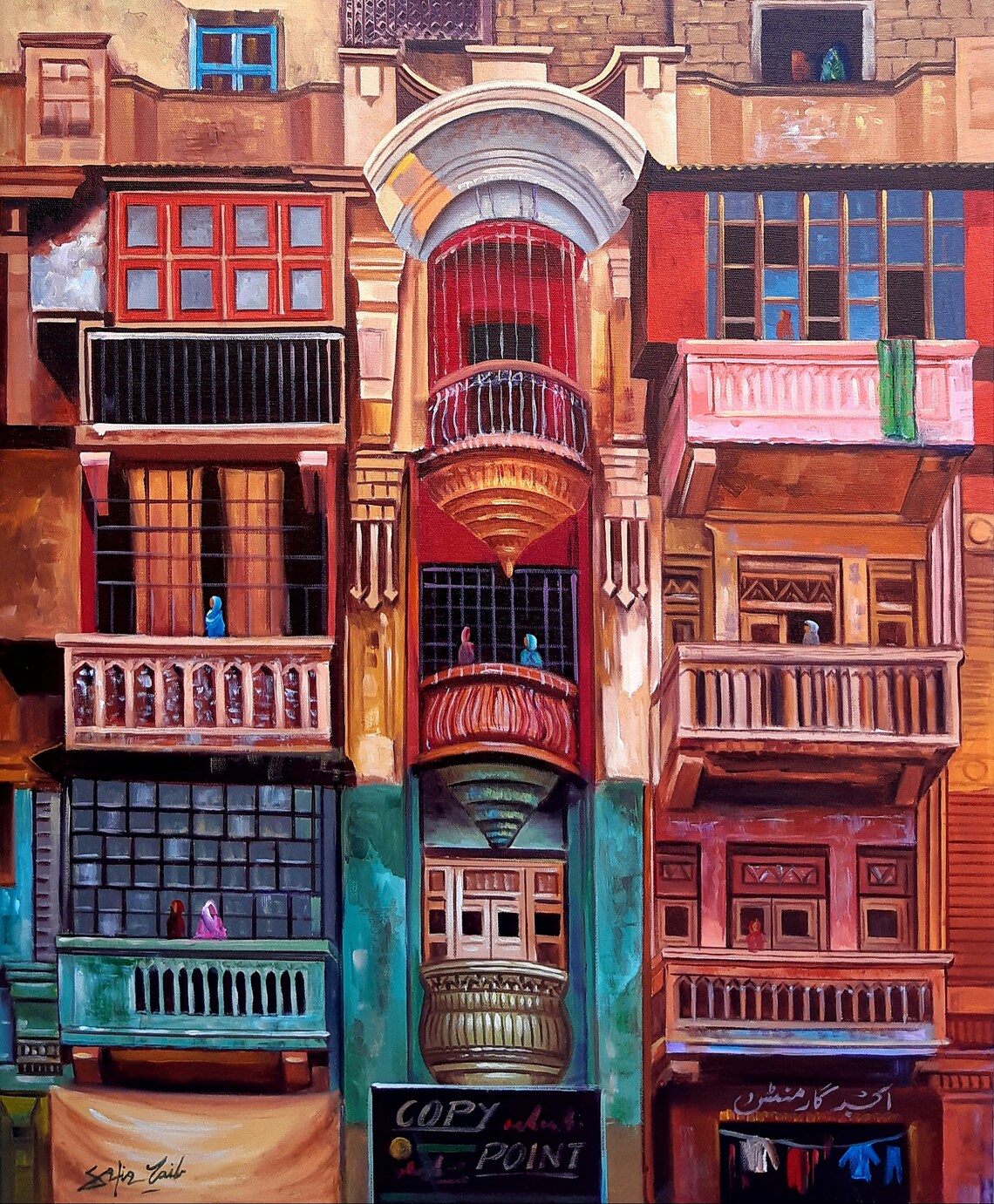 Vintage Balconies Indian Art, Contemporary Oil Painting - Image 3