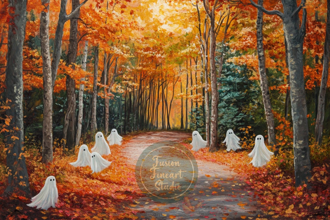 Cute Ghosts Wandering Autumn Forest Path Fall Foliage Halloween Poster - Image 3