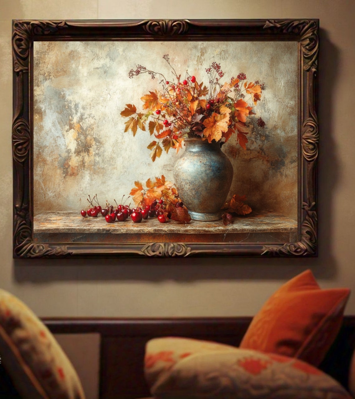 Vintage Autumn Still Life Vase Fall Leaves Cherries Rustic Poster
