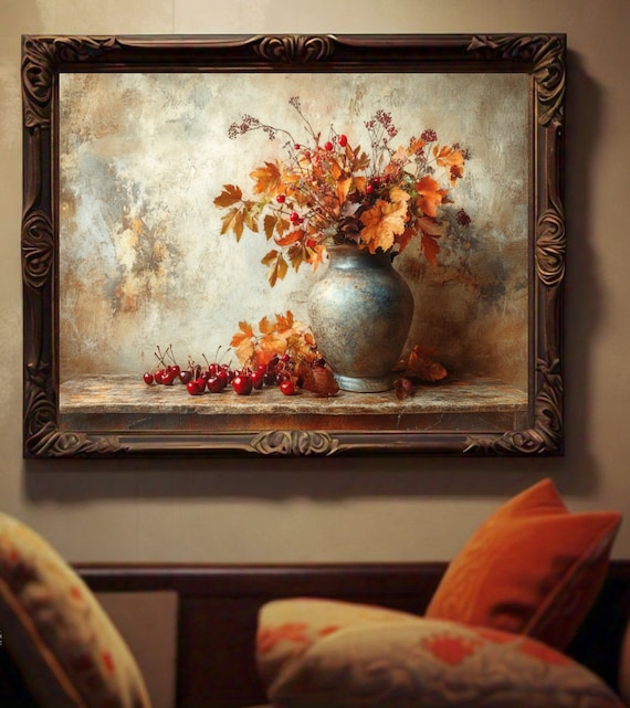 Vintage Autumn Still Life Vase Fall Leaves Cherries Rustic Poster
