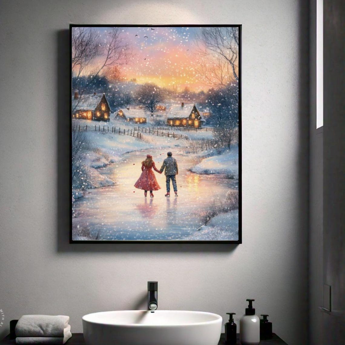 Couple Ice Skating Frozen Pond Sunset Snowy Cottages Scene Poster - Image 2