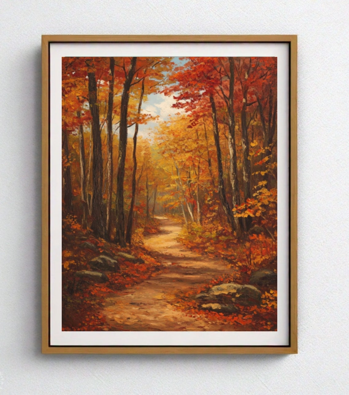 Sunlit Autumn Forest Trail Under Fiery Red Canopy Oil Style Poster