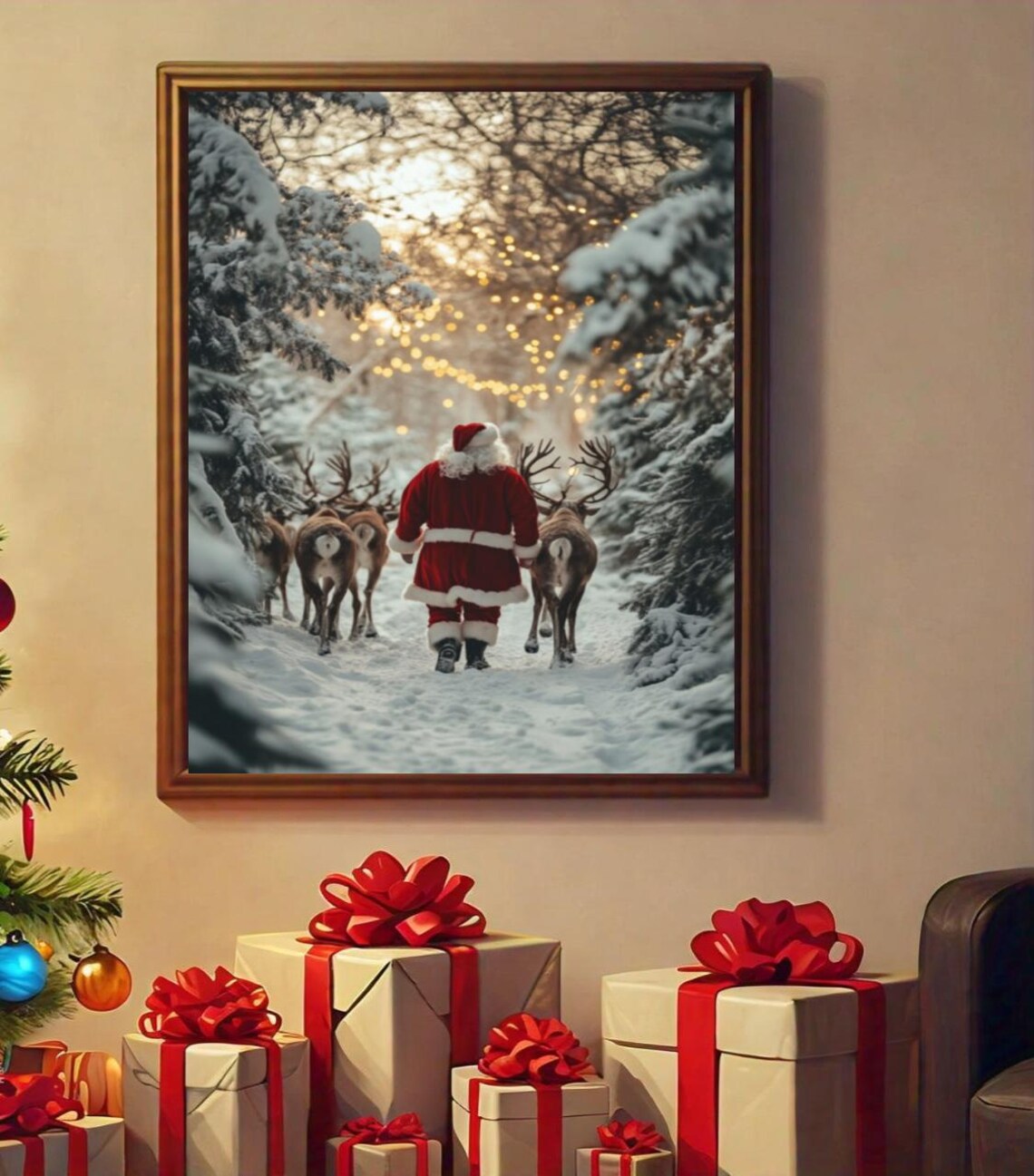 Santa Claus Reindeer Snowy Forest Walk Warm Lights Painting Poster - Image 2