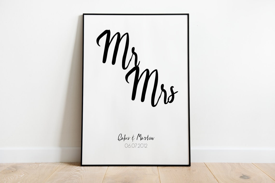 Mr Mrs Personalized Wedding Names Date Script Calligraphy Gift Poster