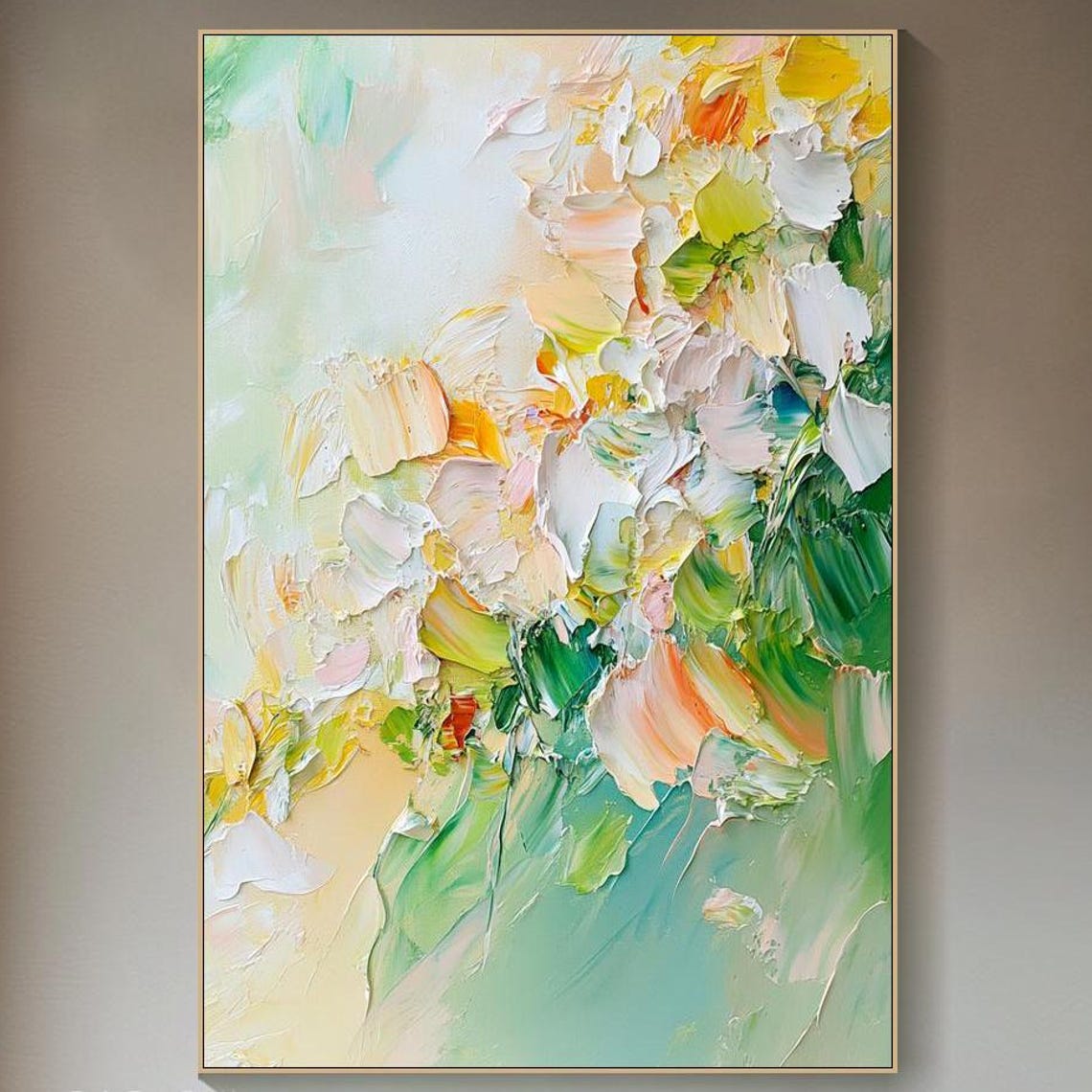 Pastel Spring Bloom Green Yellow Abstract Floral Painting Wall Art