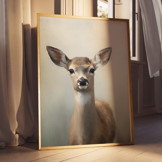 Winter Reindeer Print Christmas Wall Art Fawn Baby Deer Painting Print Cute Holiday Decor