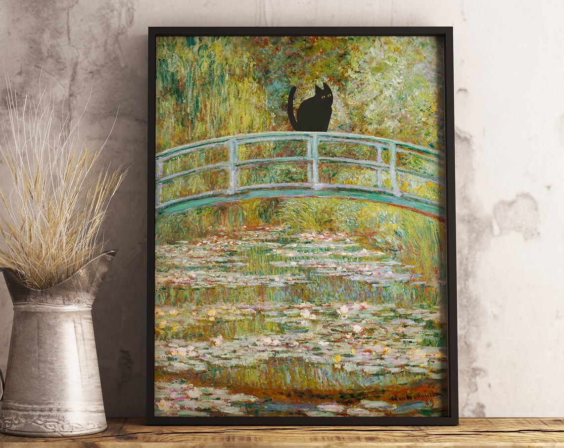Monet-Inspired Waterlily Cat Art Print, Floral Decor - Image 3