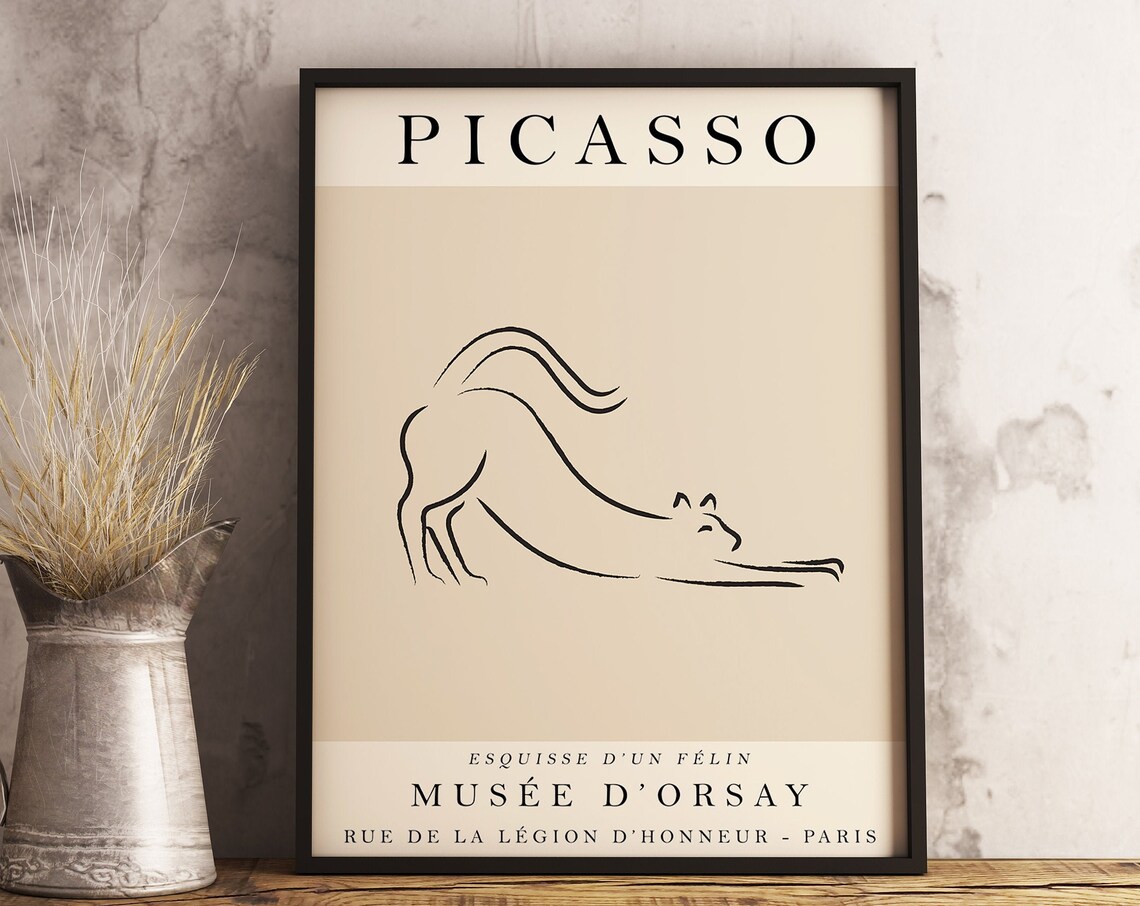 Picasso-Inspired Beige Cat Vintage Line Art Print - Image 3