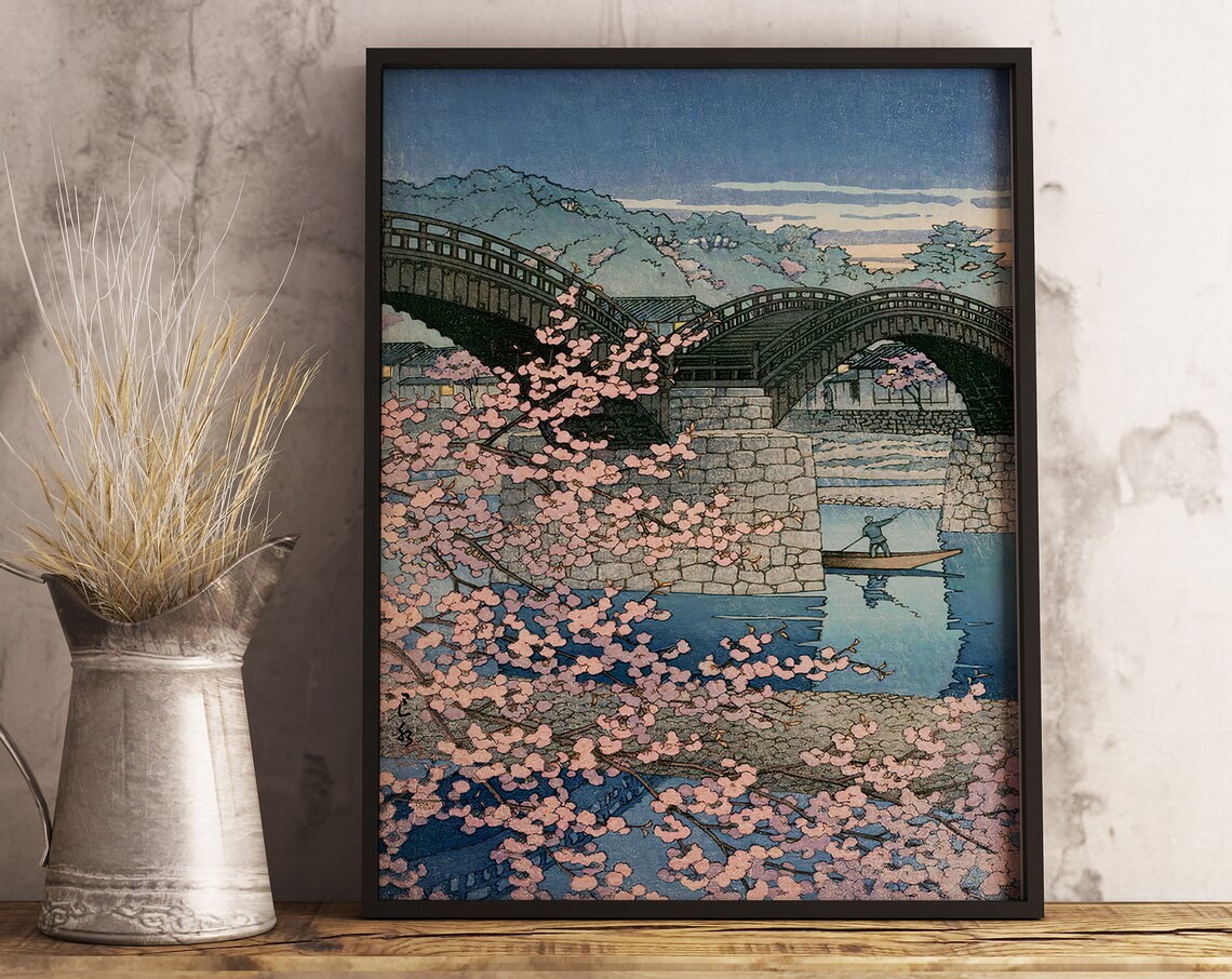 Hasui Kawase Spring Evening Kintai Bridge Cherry Blossom Poster - Image 3