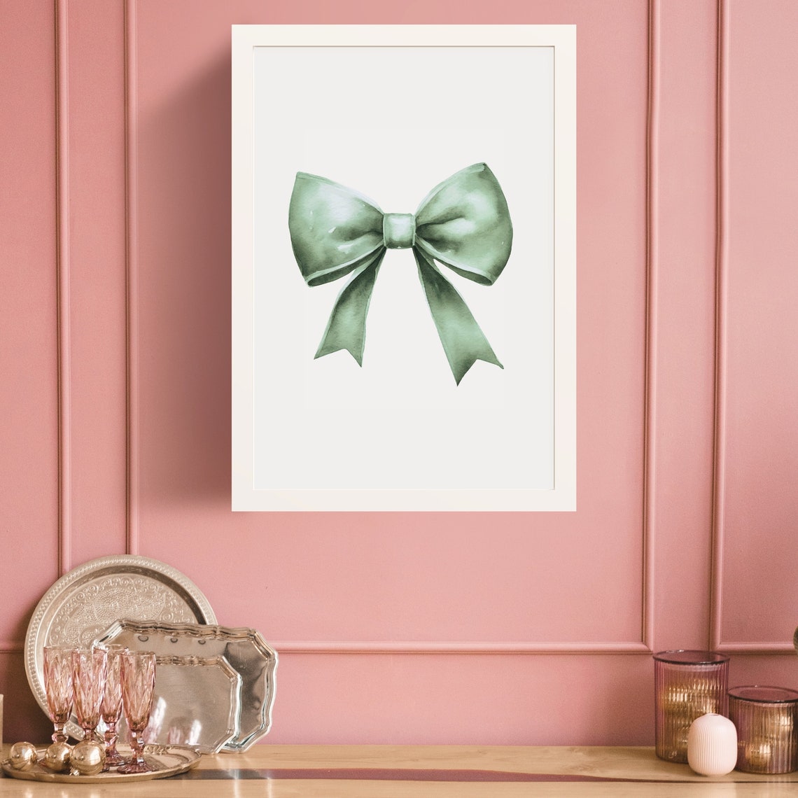 Green Watercolor Ribbon Bow Simple Elegant Minimalist Art Poster - Image 2
