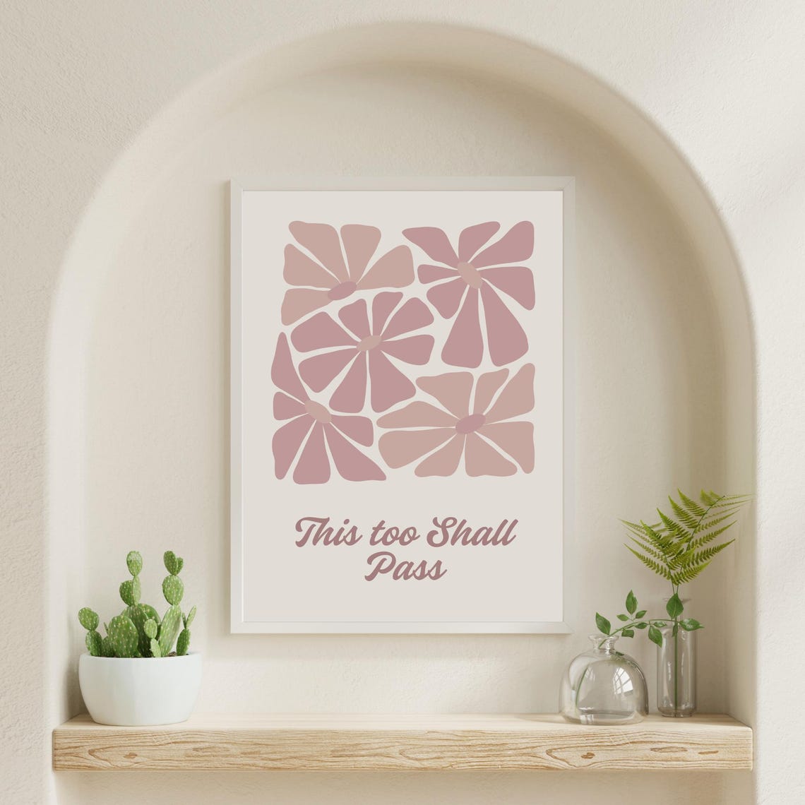 This Too Shall Pass Quote Retro Mauve Floral Comforting Wall Art - Image 4