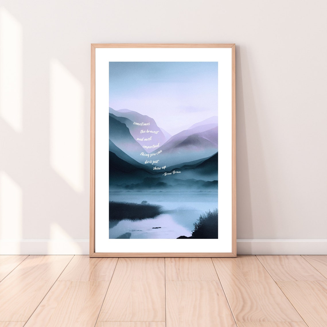 Brene Brown Just Show Up Misty Blue Mountain Lake Watercolor Poster - Image 6