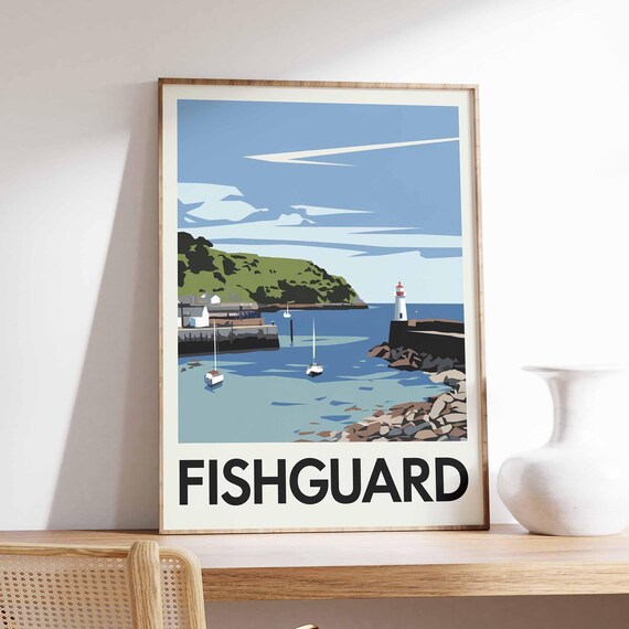 Fishguard Harbour Sailboats and Lighthouse Minimal Travel Poster