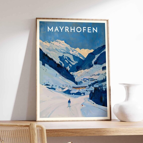 Mayrhofen Lone Skier Minimal Blue Mountains Travel Art Poster