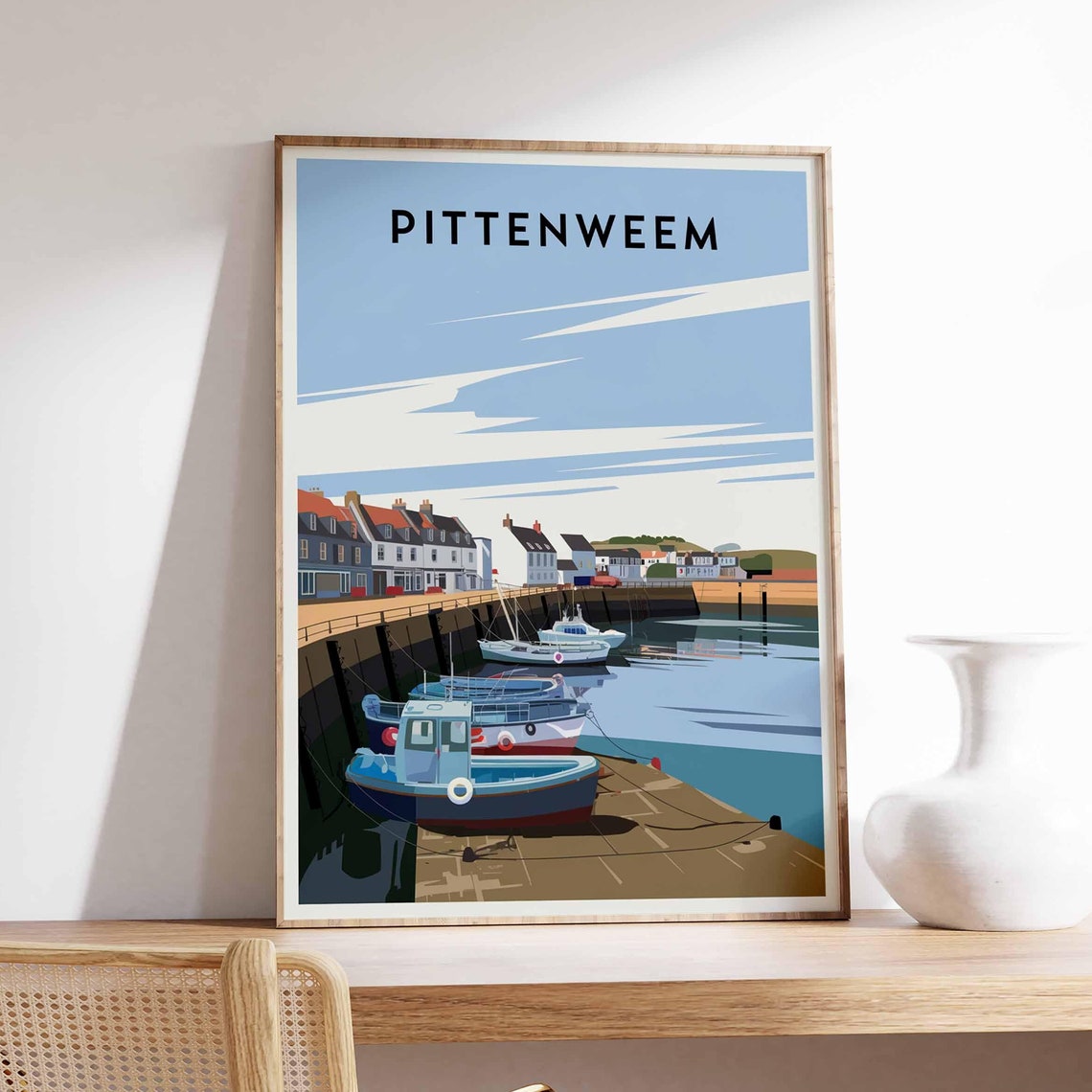 Pittenweem Harbor Boats Quay Illustrated Scotland Travel Poster