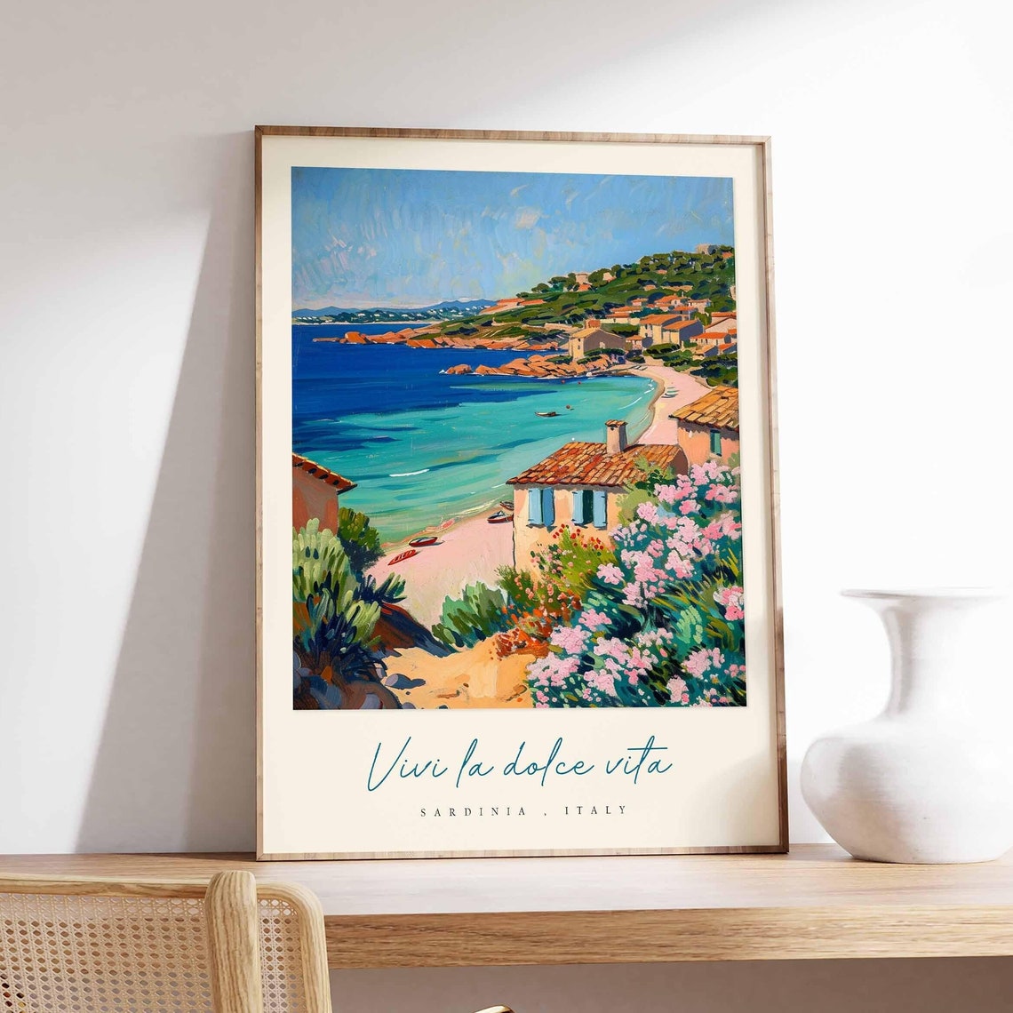 Sardinia Italy Beach Poster Turquoise Cove Village And Flower Path