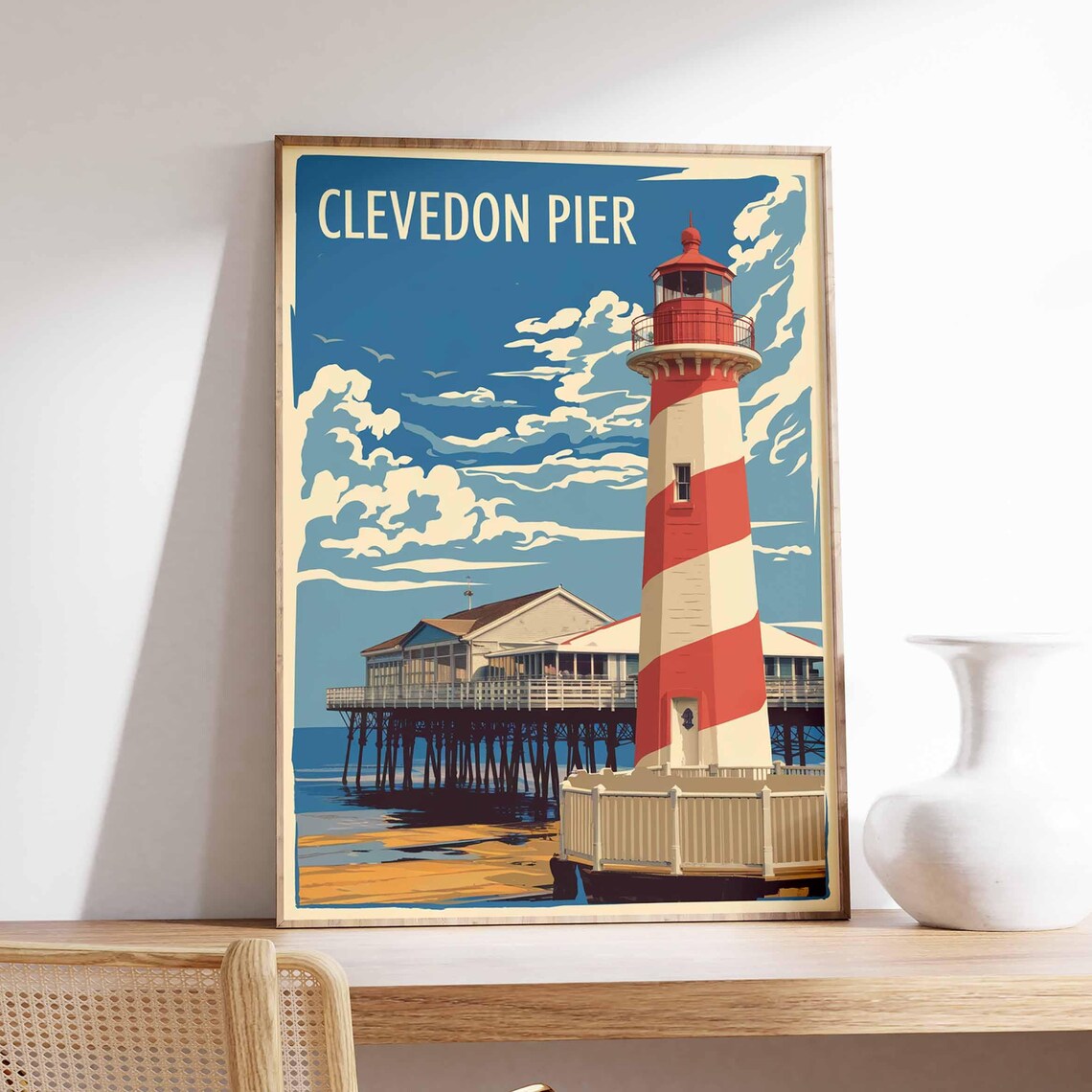 Clevedon Pier Red and White Tower Vintage Seaside Travel Poster