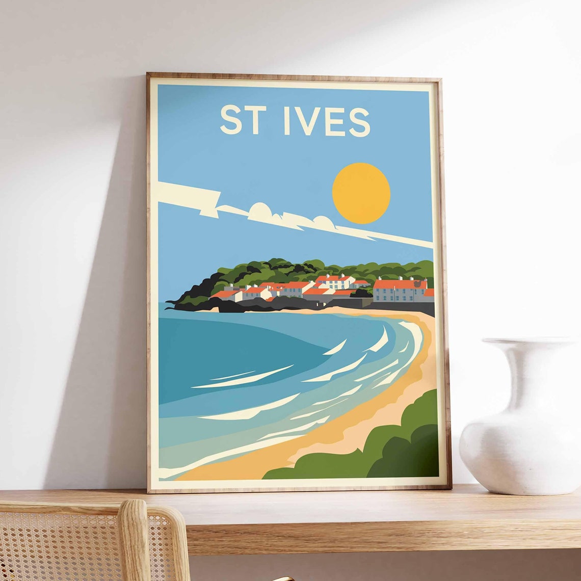 St Ives Cornwall Sunny Beach Harbor Retro Coastal Travel Poster