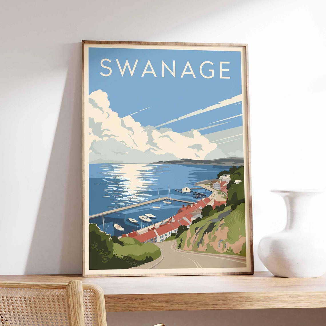 Swanage Bay England Coastal Town Pier Seaside Cliffs Travel Poster