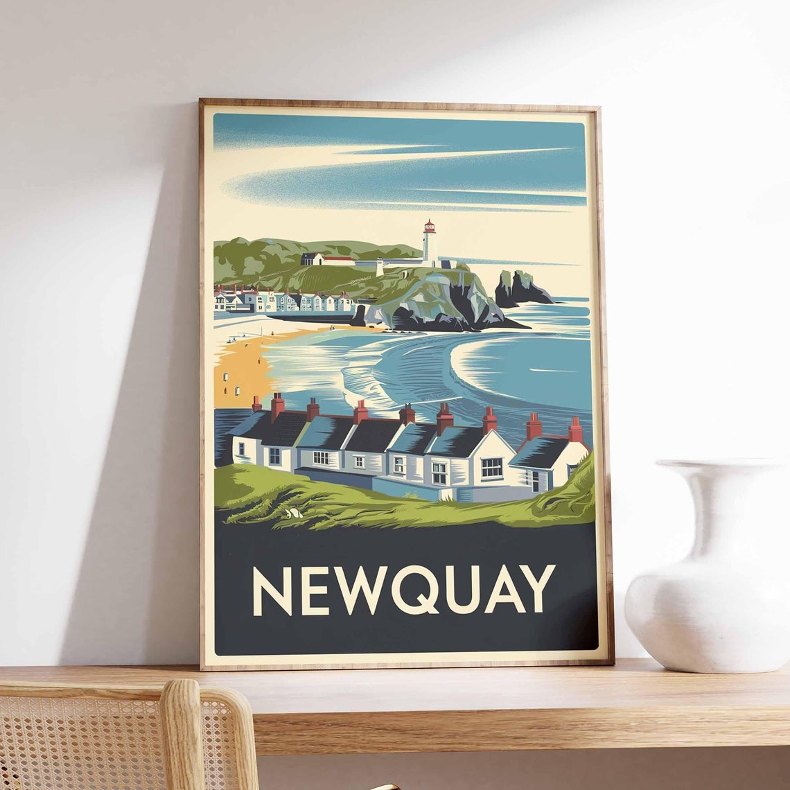 Newquay England Lighthouse Cottages Coast Retro Travel Poster