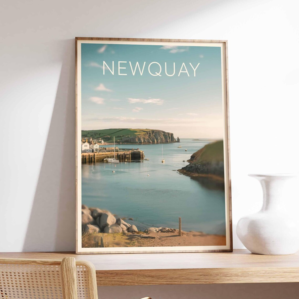 Newquay Harbour Boats and Cliffs Photographic Coastal Art Poster