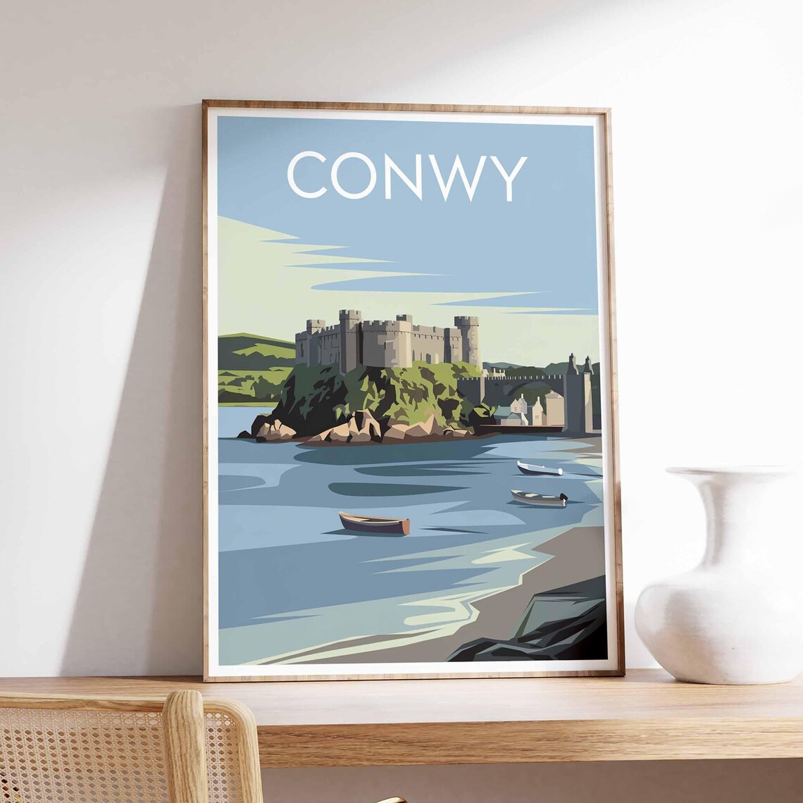 Conwy Castle Rocky Shore Boats Welsh Coastal Travel Poster Art