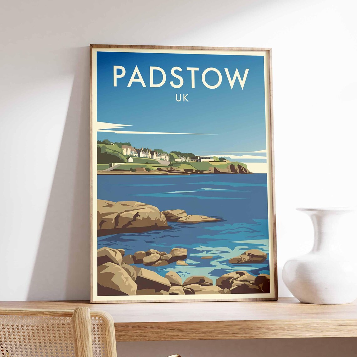 Padstow UK Cornwall Rocky Shoreline Town Retro Travel Poster