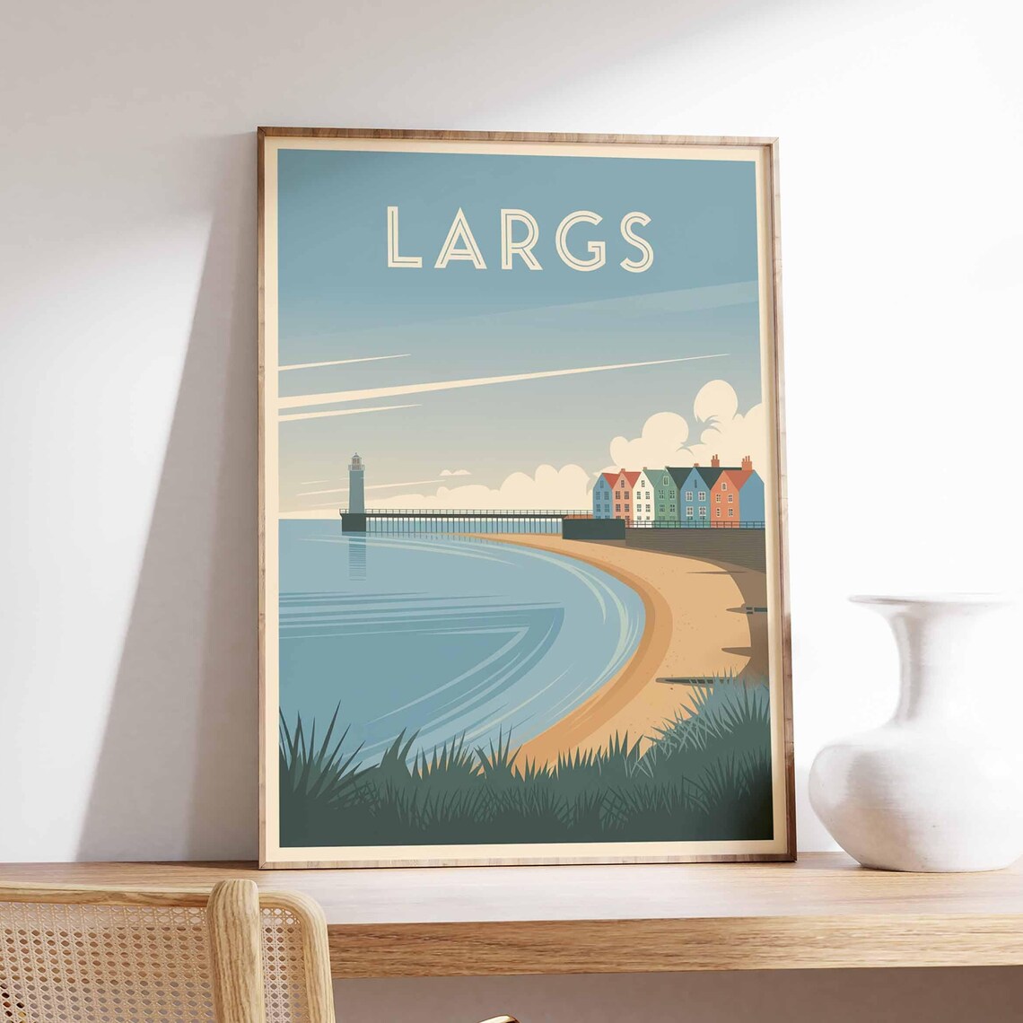 Largs Lighthouse Pier Sandy Beach Illustrated Travel Poster Art