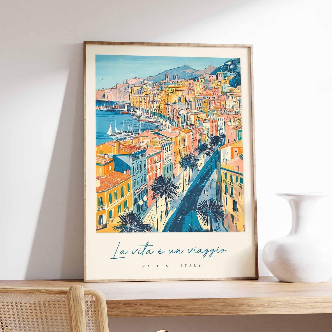 Naples Italy Harbor Cityscape La Vita E Un Viaggio Art Poster