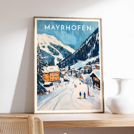 Mayrhofen Austria Alpine Valley Skiers Snow Peaks Resort Poster