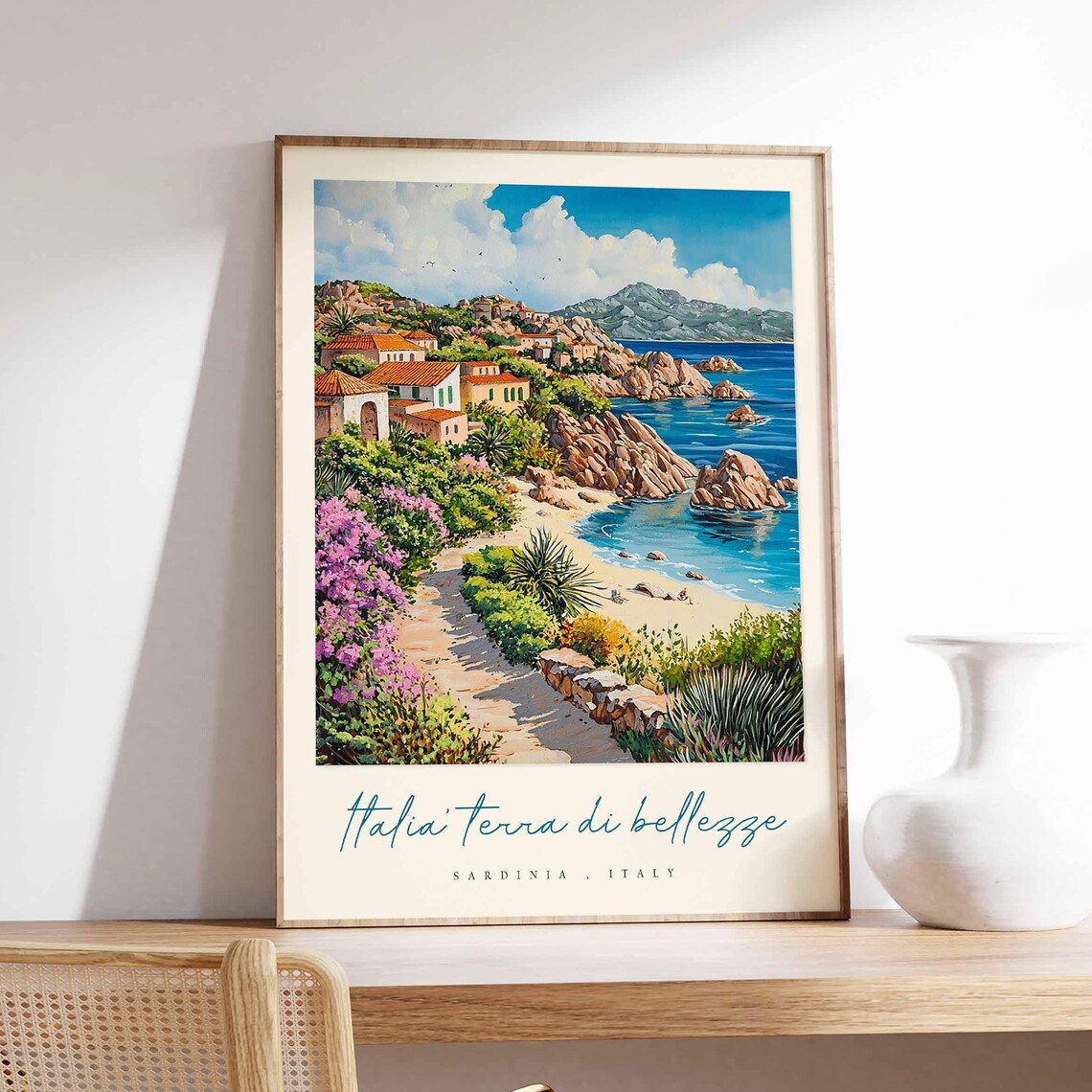 Sardinia Italy Village Path Sea Rocks Watercolor Travel Poster