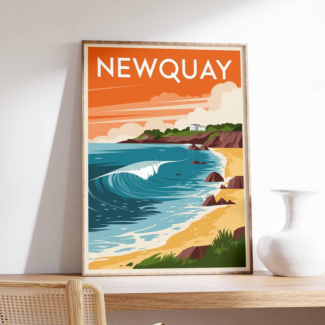 Newquay Orange Sunset Wave and Rocky Beach Retro Travel Poster
