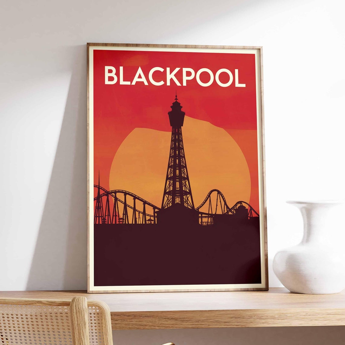 Blackpool Tower and Rollercoaster Red Sunset Silhouette Poster