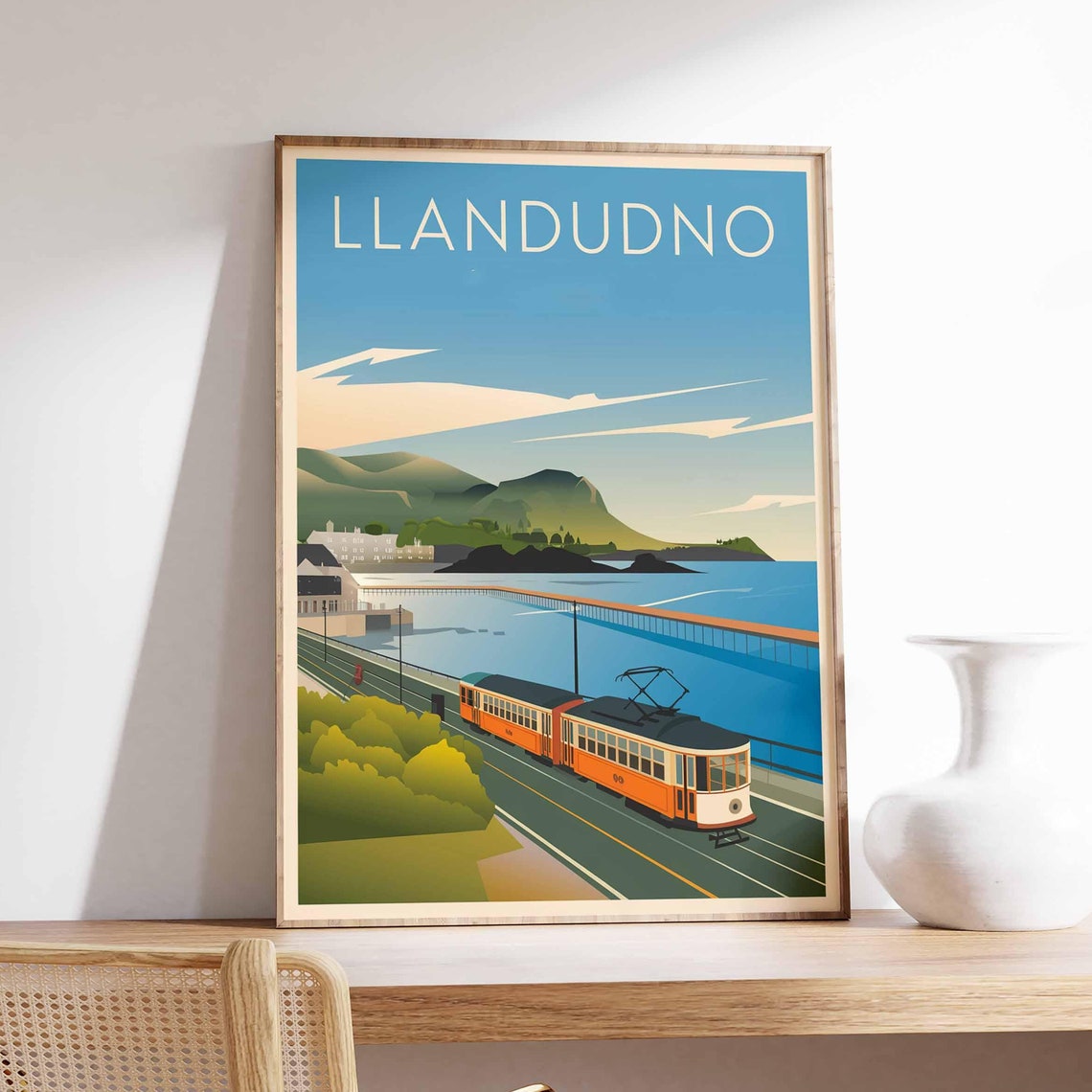 Llandudno Seaside Tram Vintage Travel Illustration Retro Coast Poster