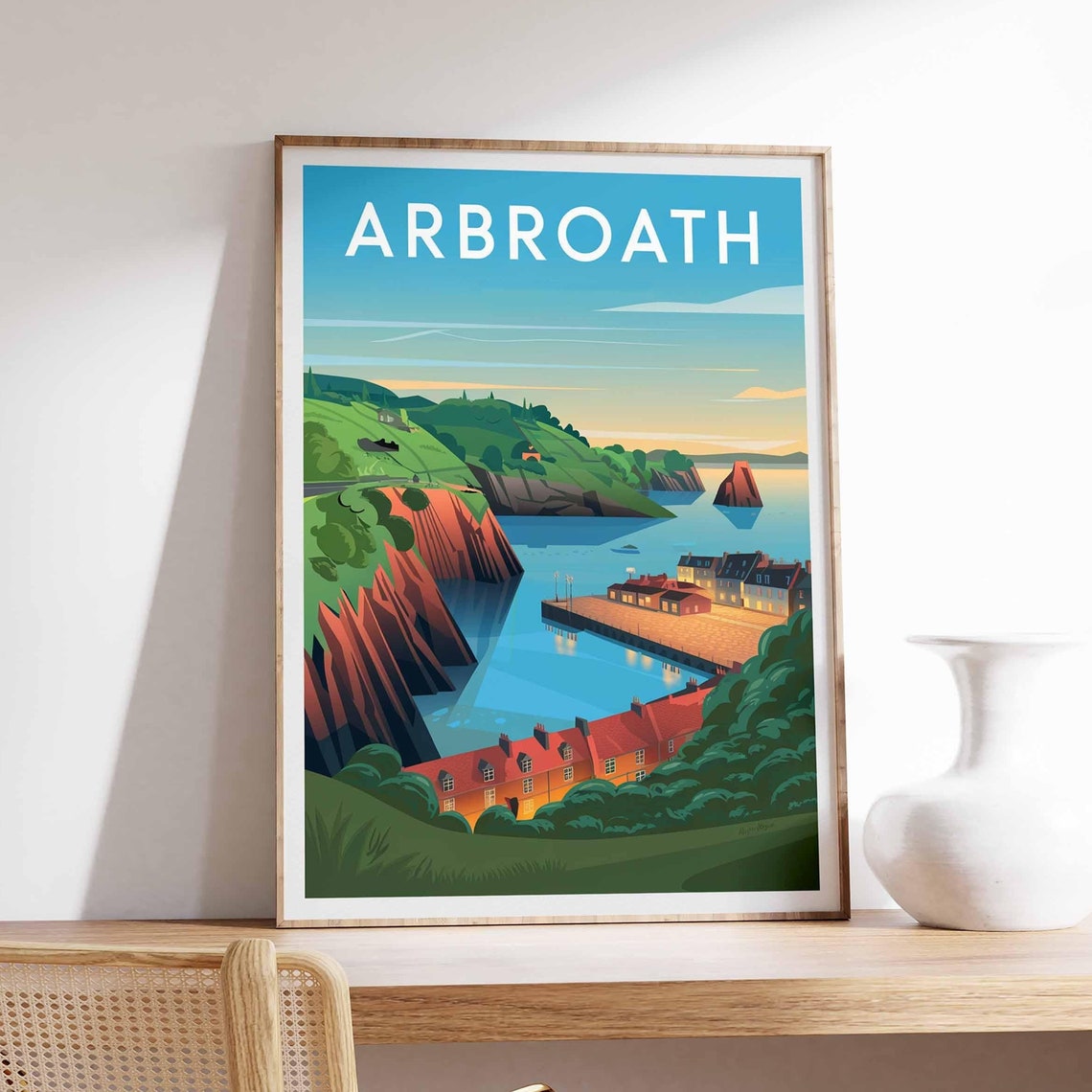 Arbroath Harbour Red Cliffs Scottish Coastal Travel Poster Art