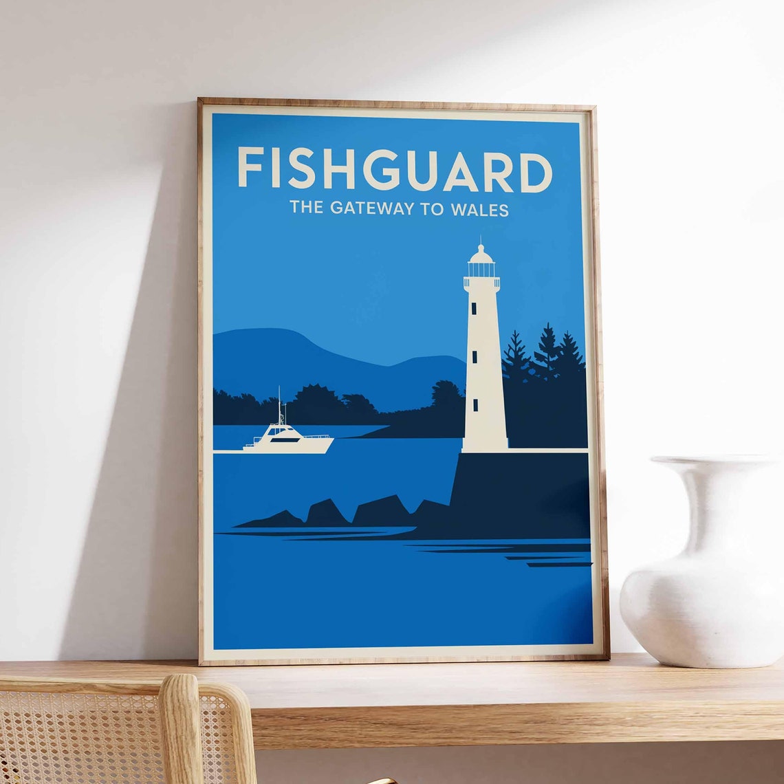 Fishguard Gateway to Wales Lighthouse Blue Minimal Travel Poster